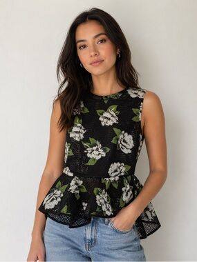 Garcia Black Floral Peplum Top Mesh Sleeveless Romantic Chic Parisian Blouse M
